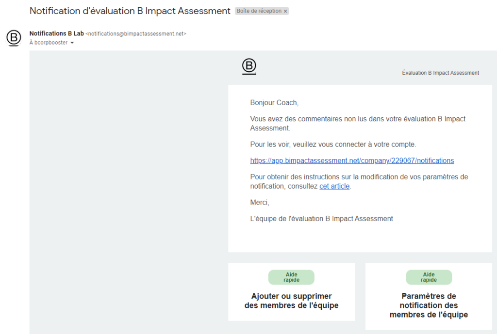 Notification évaluation B Impact Assessment