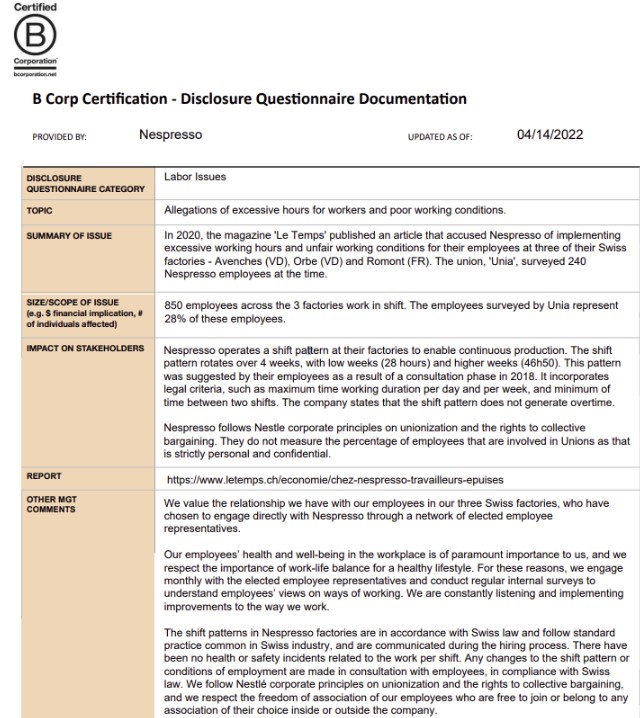 transparence B Corp Nespresso